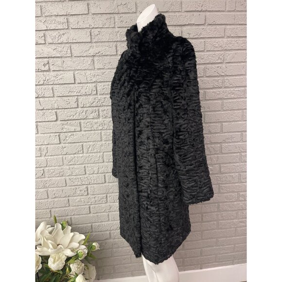 Adrienne Landau Women Front Zip Black Faux Fur Longline Coat with Pockets Size M - Picture 3 of 15